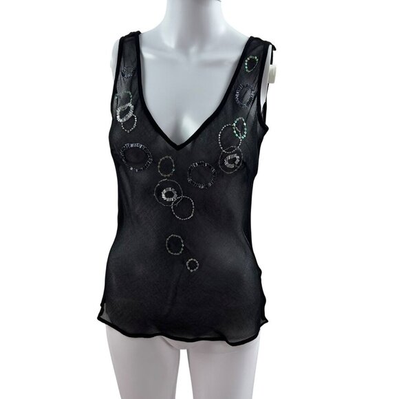 Y2K  Womens 8 Sheer Black Top Sequin Embellishment Tank By TU Artsy Fairy Goth - Picture 1 of 9